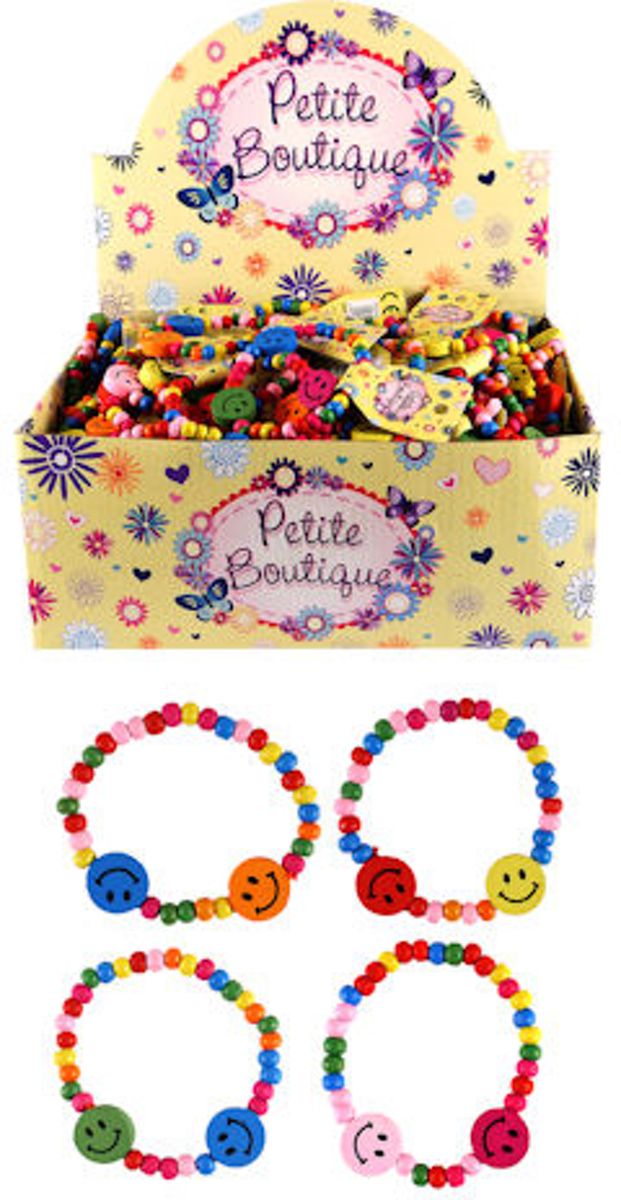 144 STUKS | Vrolijke Smiley Houten Kinder Armbanden in Display (Traktatie / Uitdeelcadeautjes)